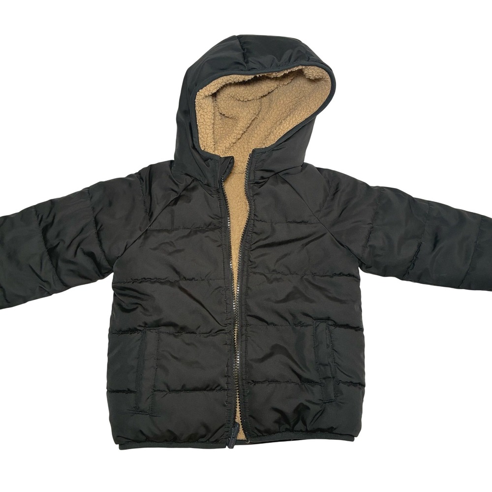 H&M Reversible Puffer Jacket 3T Sherpa Hooded Zip Pockets Winter Coat Kids Boys